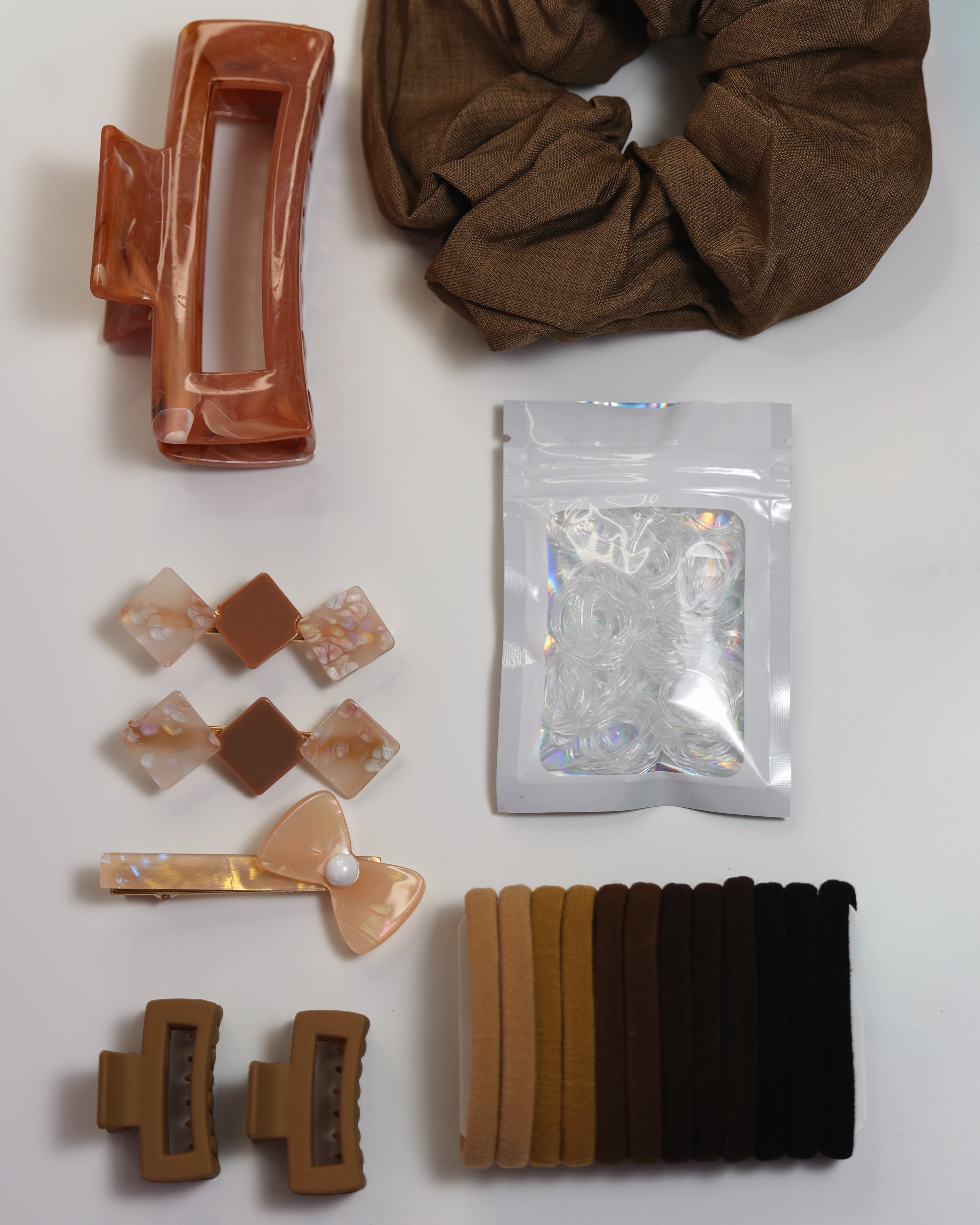 Brown Hair Accessories Set – Clips, Scrunchies & Essentials