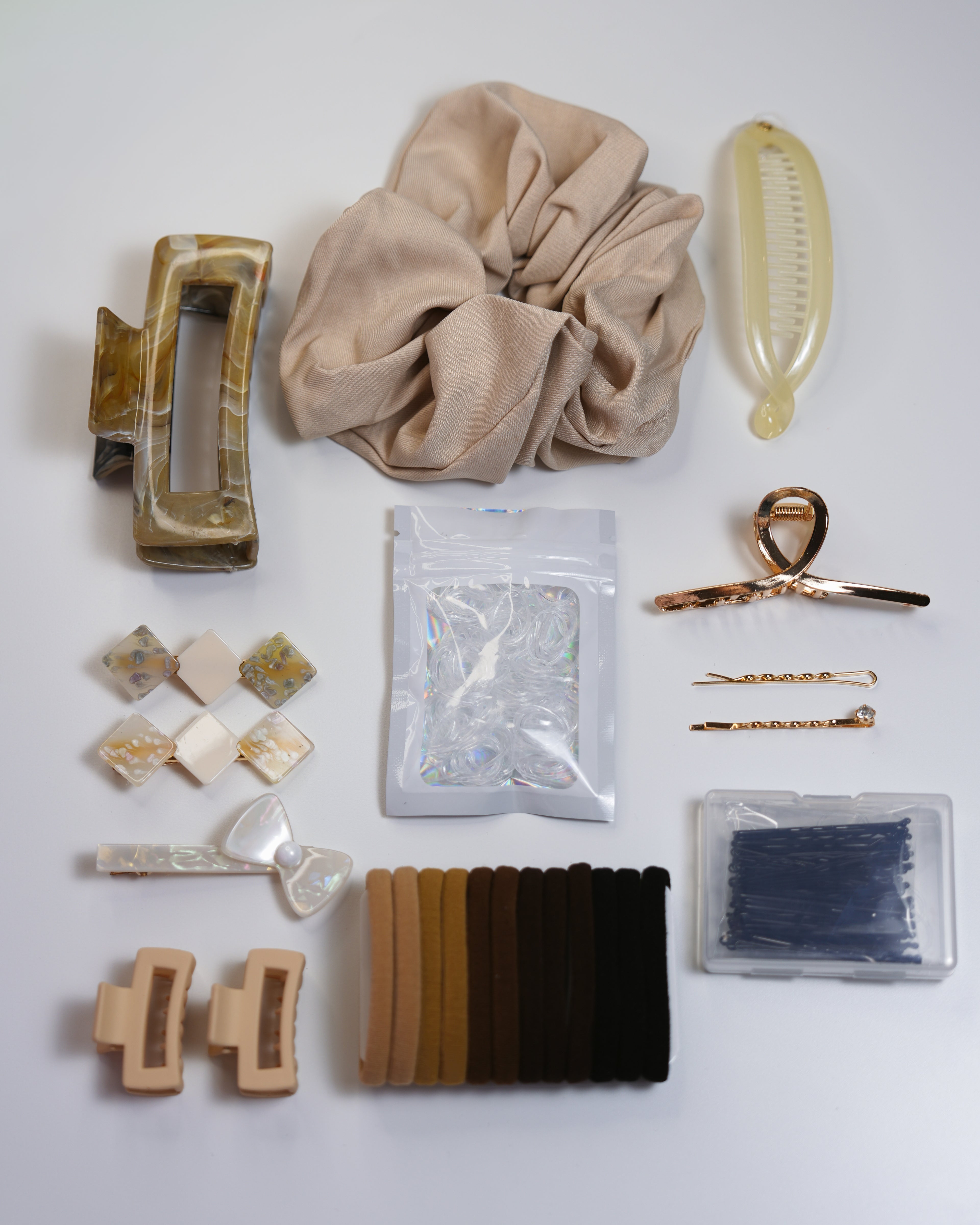 Beige Hair Accessories Set – Clips, Scrunchies & Essentials